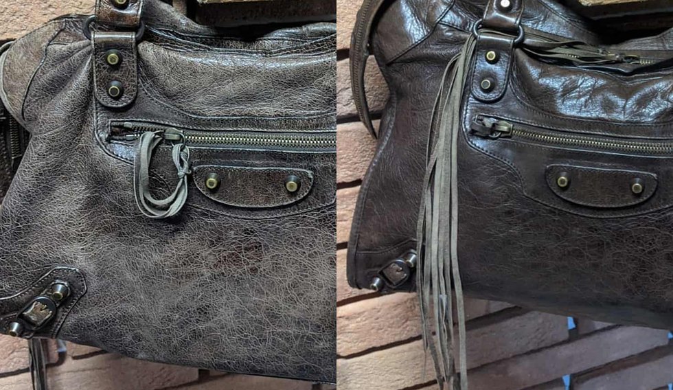 Borsa Balenciaga City grigio scuro prima e dopo il restauro: a sinistra pelle ingrigita e segnata, a destra scura e uniforme