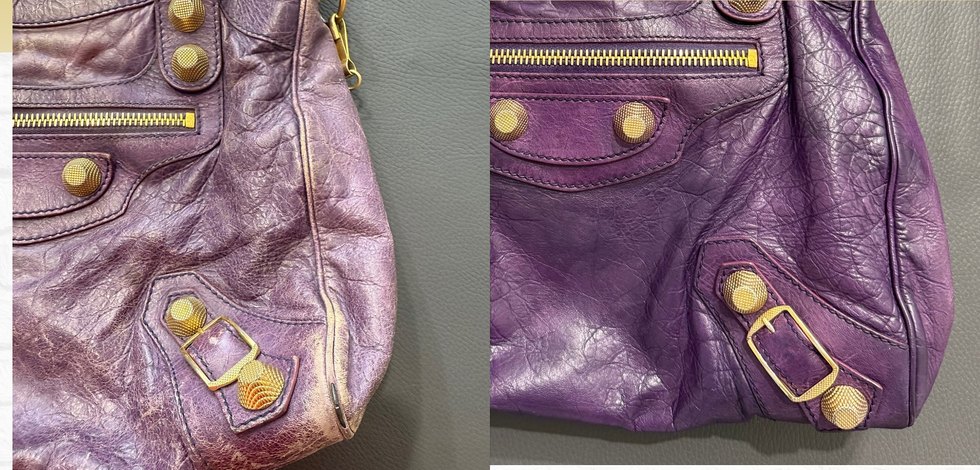 Borsa Balenciaga City viola prima e dopo il restauro: a sinistra colore sbiadito e angoli abrasi, a destra il viola pieno