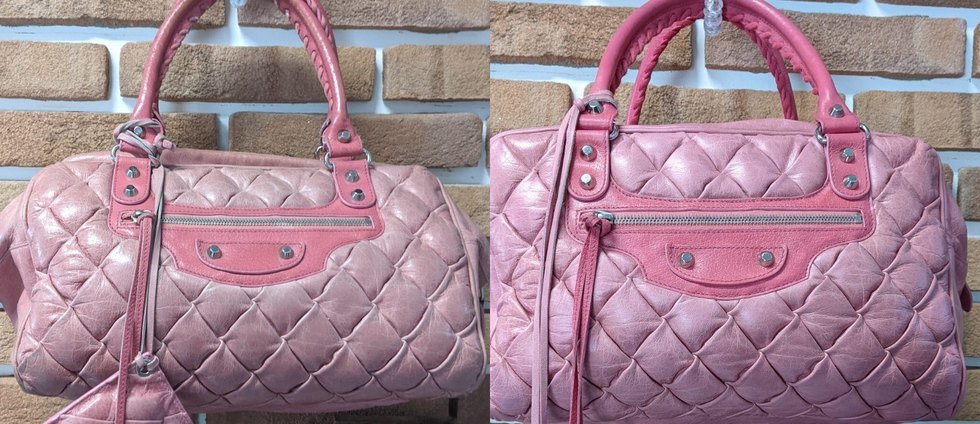 Borsa Balenciaga matelassé rosa prima e dopo il lavaggio e il ripristino del colore