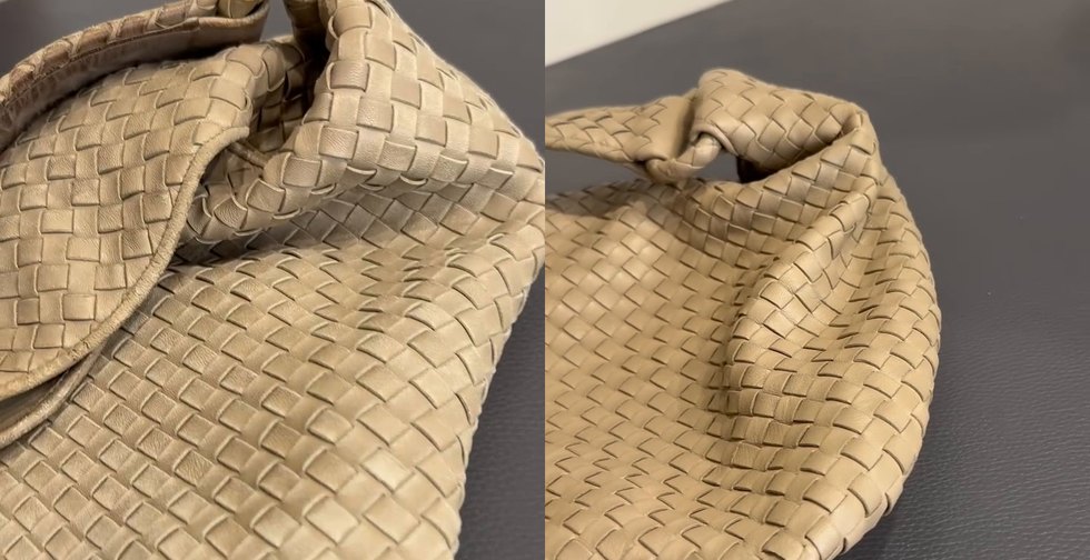Borsa Bottega Veneta intrecciata beige prima e dopo il restauro: a sinistra abrasioni e scoloriture, a destra colore uniforme