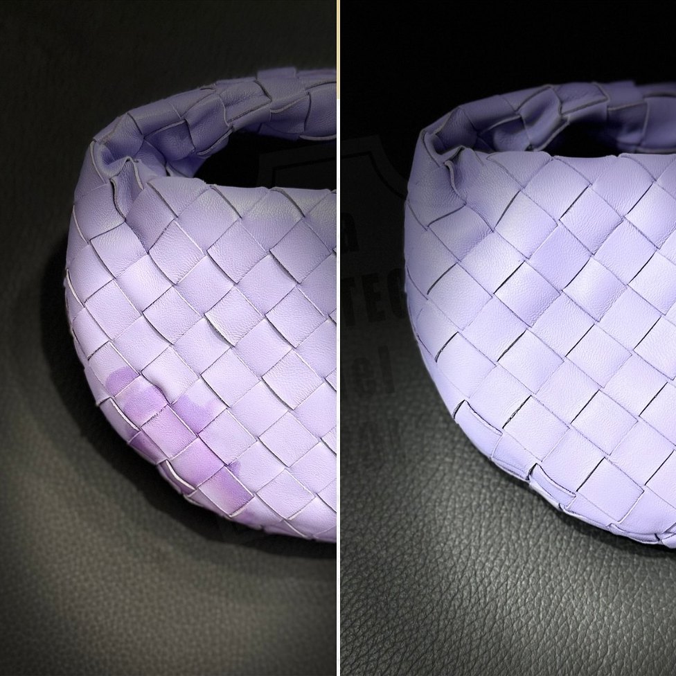 Borsa Bottega Veneta Jodie lilla in pelle intrecciata prima e dopo il restauro: a sinistra macchie viola sulla pelle, a destra lilla uniforme