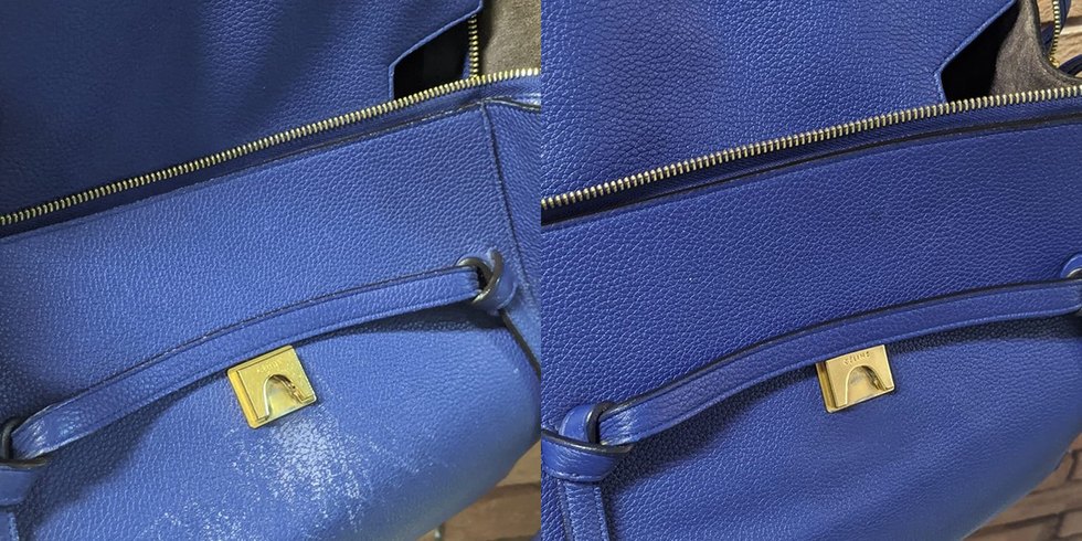 Borsa Céline Belt Bag blu prima e dopo il restauro: a sinistra abrasioni chiare vicino alla chiusura, a destra blu uniforme