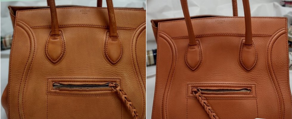 Borsa Céline Luggage Phantom cuoio prima e dopo il restauro: a sinistra pelle spenta e macchiata, a destra colore uniforme