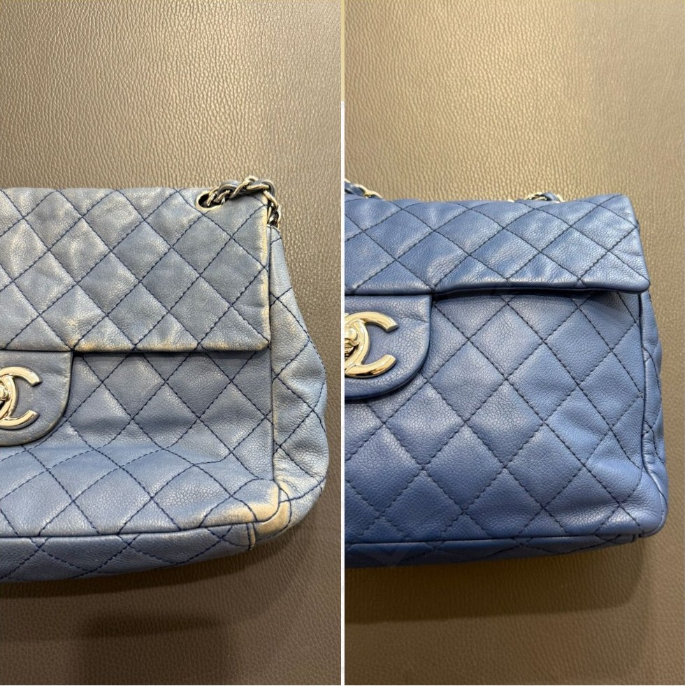 Borsa Chanel blu trapuntata prima e dopo il restauro: a sinistra il colore spento, a destra il blu ripristinato