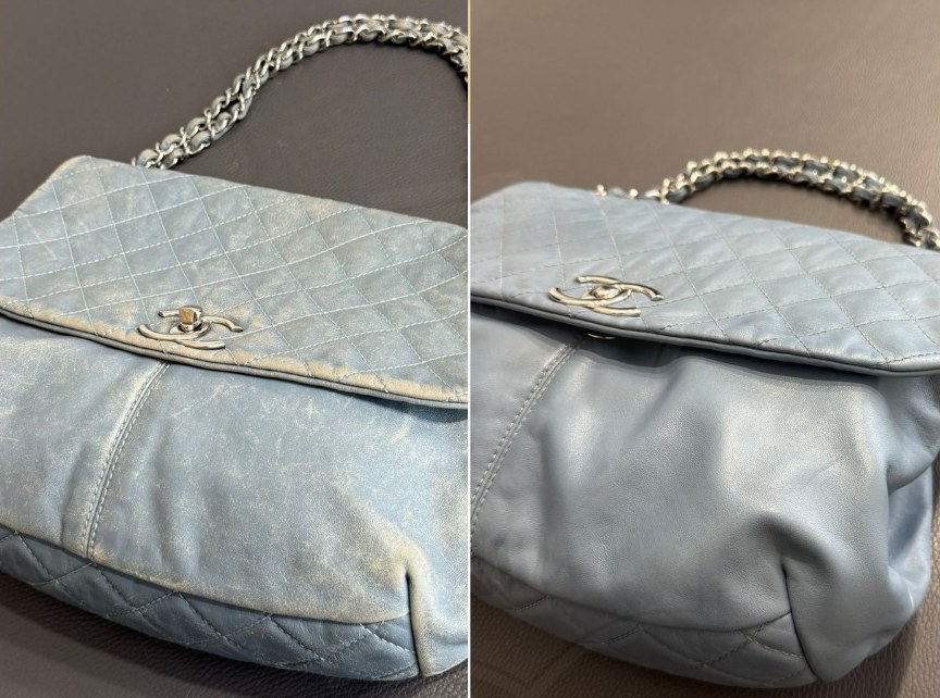 Borsa Chanel celeste prima e dopo il ripristino completo del colore