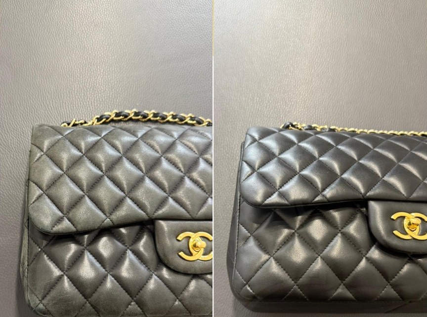 Borsa Chanel nera con chiusura dorata prima e dopo il restauro: angoli abrasi a sinistra, nero uniforme a destra