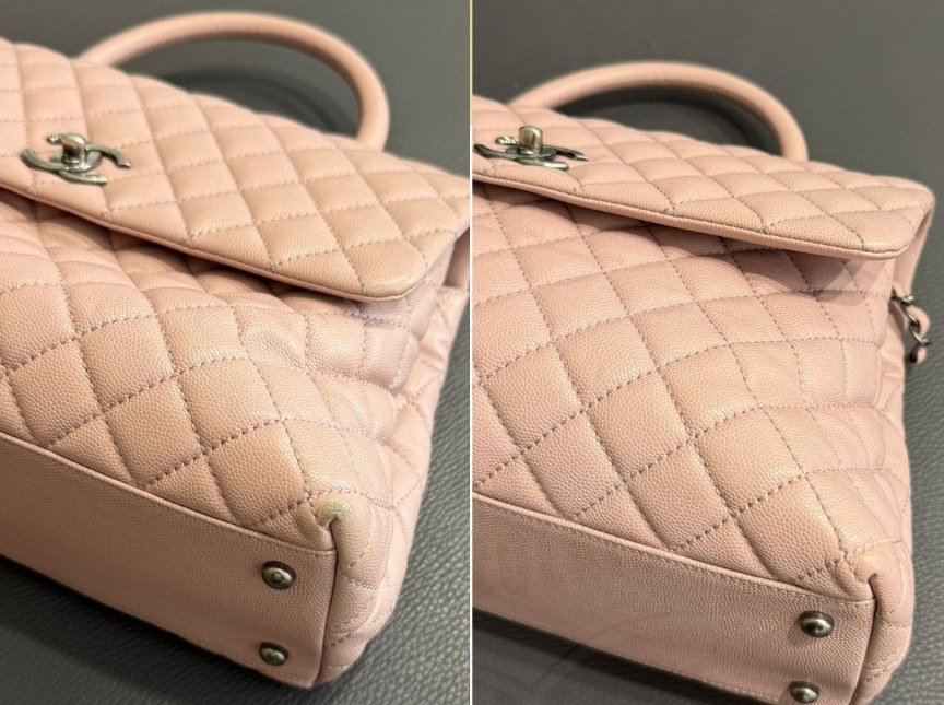 Borsa Chanel rosa con manico prima e dopo il restauro: angoli scoloriti a sinistra, angoli rigenerati a destra
