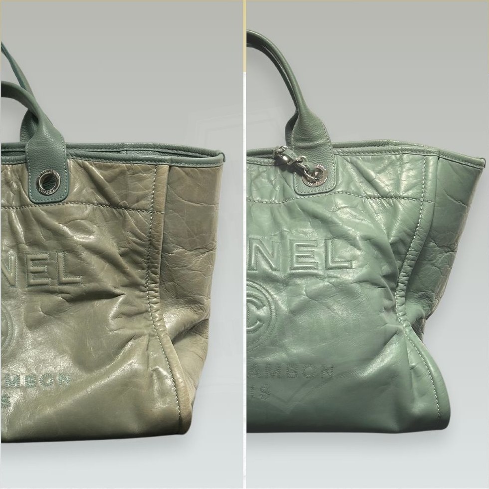 Borsa shopping Chanel verde prima e dopo la rigenerazione del colore