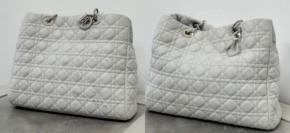Borsa Dior in cannage grigio chiaro prima e dopo il restauro: a sinistra con aloni e macchie, a destra pulita e uniforme