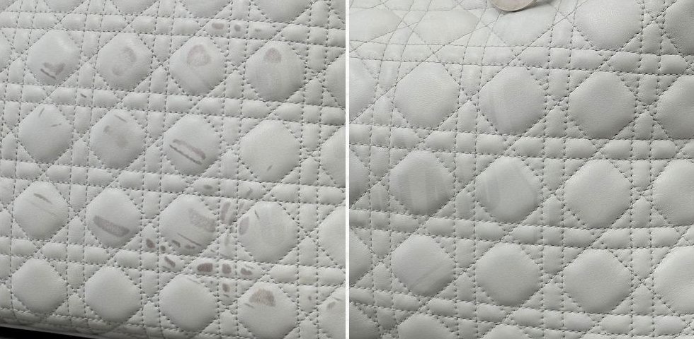 Dettaglio del cannage di una borsa Dior grigio chiaro prima e dopo: macchie a sinistra, pelle pulita a destra