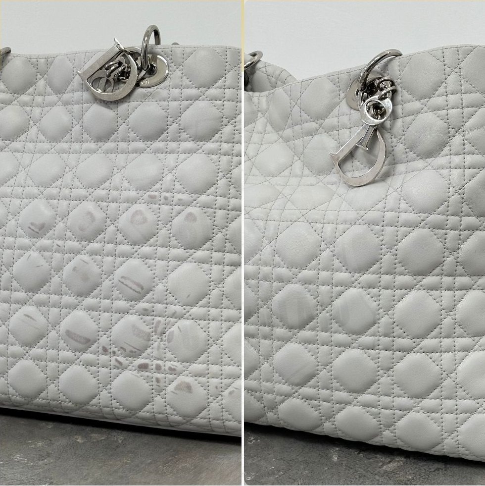 Borsa Dior in cannage grigio chiaro prima e dopo il restauro: a sinistra le macchie sulla pelle, a destra la pelle pulita