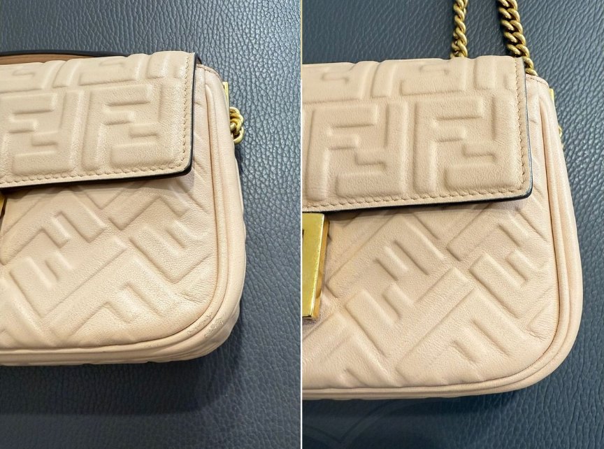 Borsa Fendi Baguette beige con FF in rilievo prima e dopo il restauro: a sinistra angoli abrasi, a destra angoli rigenerati