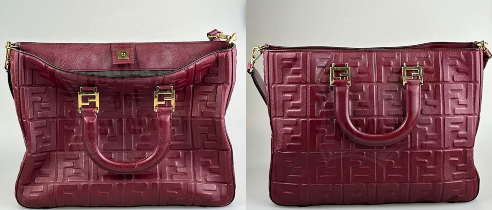 Borsa Fendi bordeaux con FF in rilievo prima e dopo il restauro: a sinistra pelle spenta e segnata, a destra il bordeaux pieno