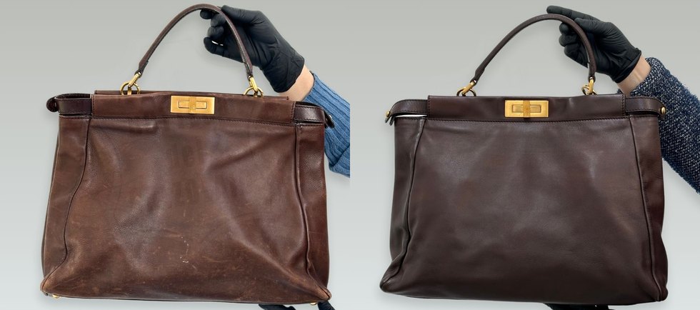 Borsa Fendi Peekaboo marrone prima e dopo il restauro: a sinistra colore a chiazze, a destra marrone uniforme