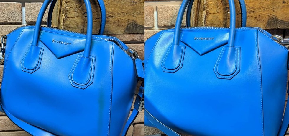 Borsa Givenchy Antigona blu prima e dopo il restauro: a sinistra macchie sul davanti, a destra pelle pulita