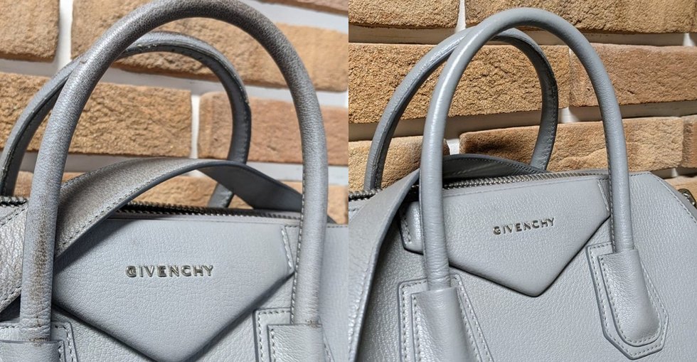Manici di una borsa Givenchy Antigona grigia prima e dopo il restauro: a sinistra sporchi e anneriti, a destra puliti e uniformi