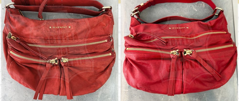 Borsa Givenchy rossa prima e dopo il restauro: a sinistra colore sbiadito e macchiato, a destra rosso uniforme