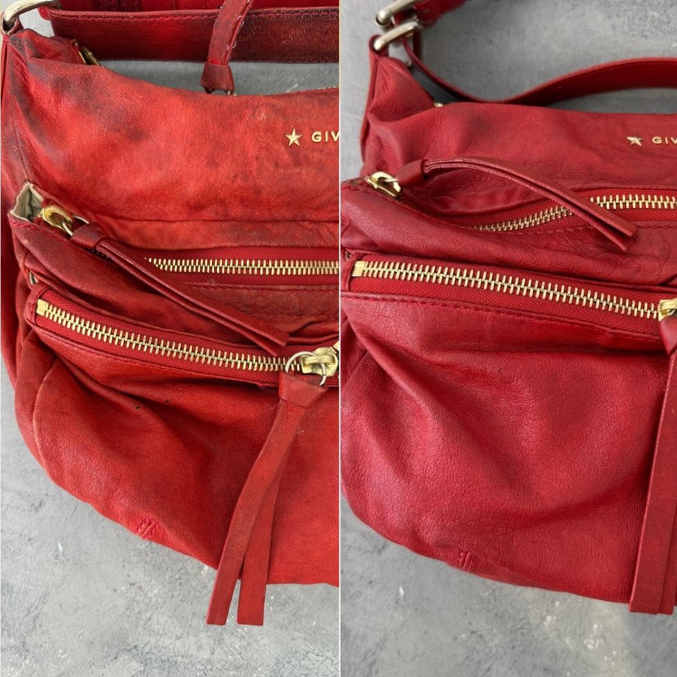 Borsa Givenchy rossa in pelle morbida prima e dopo il restauro: a sinistra macchie scure e colore spento, a destra il rosso pieno