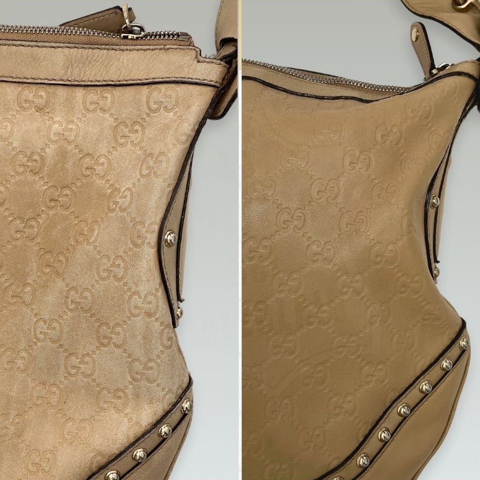 Borsa Gucci in pelle Guccissima beige prima e dopo il restauro: a sinistra colore a chiazze, a destra beige uniforme