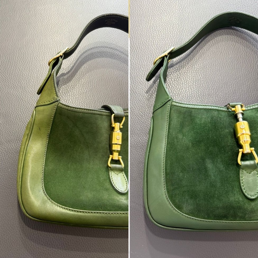 Borsa Gucci Jackie verde in camoscio e pelle prima e dopo il restauro: a sinistra colore sbiadito e camoscio spento, a destra il verde rigenerato