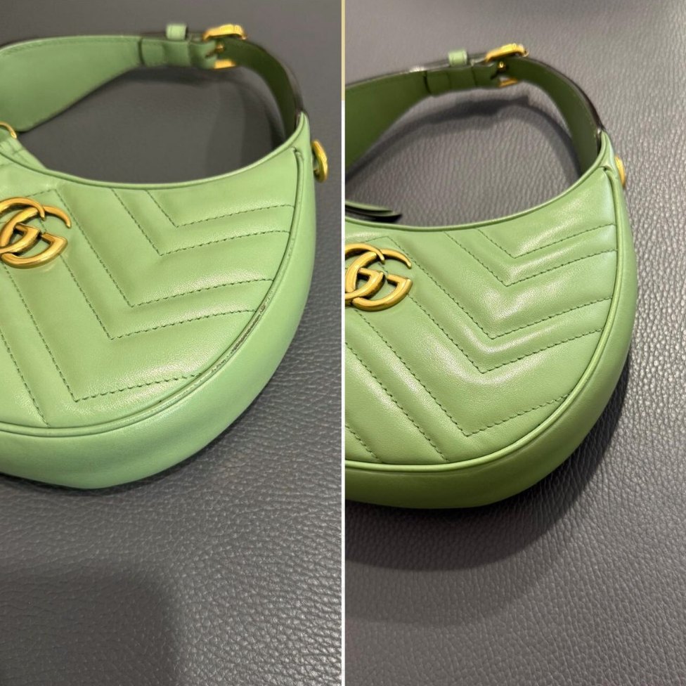 Borsa Gucci GG Marmont a mezzaluna verde prima e dopo il restauro: a sinistra colore sbiadito, a destra il verde ripristinato