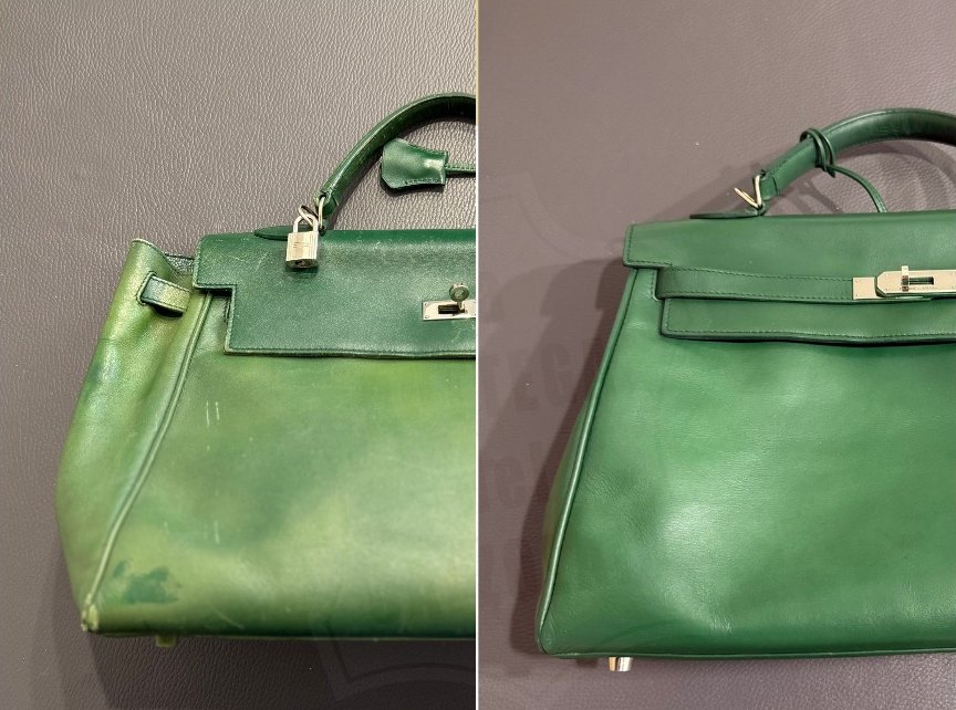 Borsa Hermès Kelly verde prima e dopo il restauro: a sinistra pelle segnata e colore non uniforme, a destra il verde ripristinato