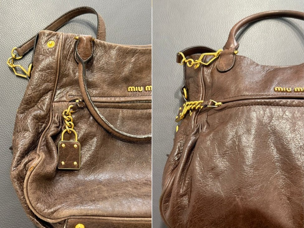 Borsa Miu Miu marrone prima e dopo il restauro: a sinistra pelle disidratata e spenta, a destra pelle nutrita e luminosa