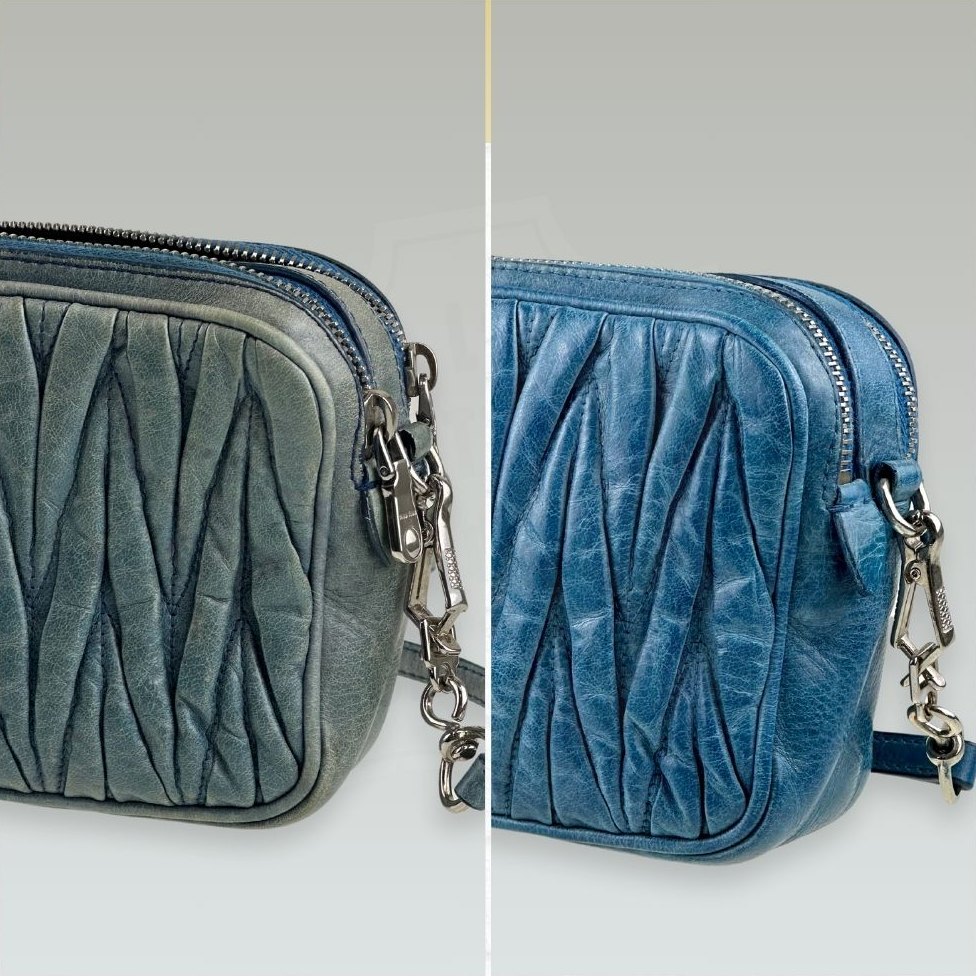 Borsa Miu Miu in matelassé azzurro prima e dopo il restauro: a sinistra colore spento e ingrigito, a destra l'azzurro rigenerato