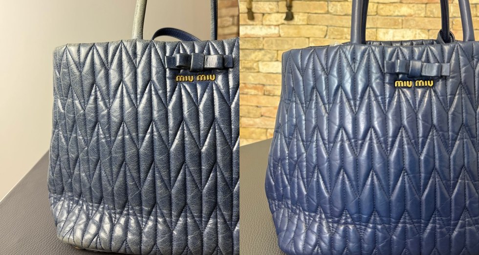 Borsa Miu Miu in matelassé blu prima e dopo il restauro: a sinistra colore consumato e ingrigito, a destra il blu uniforme