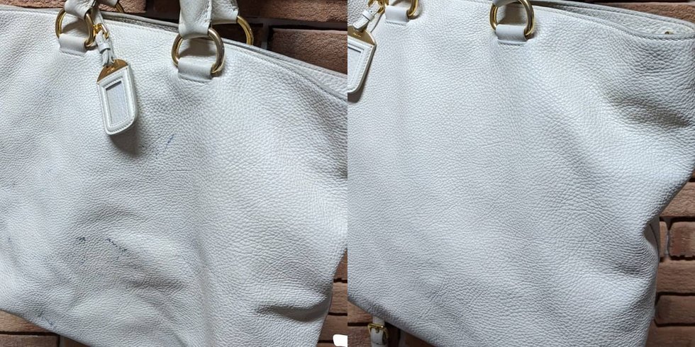 Borsa Prada bianca prima e dopo il lavaggio a secco: a sinistra segni e sporco sulla pelle, a destra pelle pulita