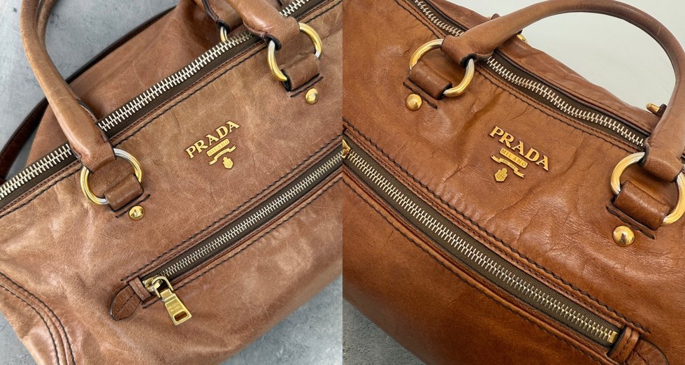Borsa Prada color cuoio prima e dopo il restauro: a sinistra pelle spenta e segnata, a destra colore pieno e uniforme