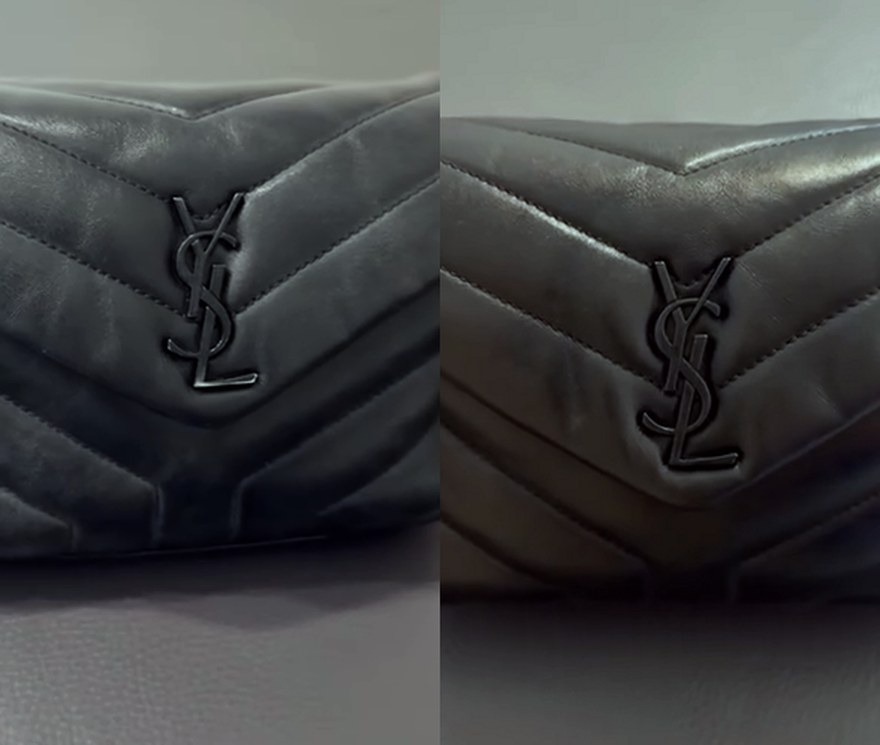 Borsa Saint Laurent Loulou nera prima e dopo il restauro: a sinistra pelle consumata e ingrigita sulle pieghe, a destra nera e uniforme