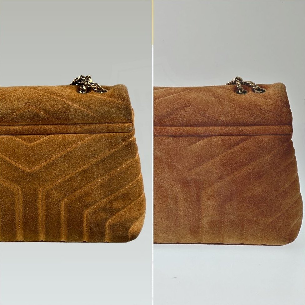 Retro di una borsa Saint Laurent Loulou in suède trapuntato prima e dopo il restauro