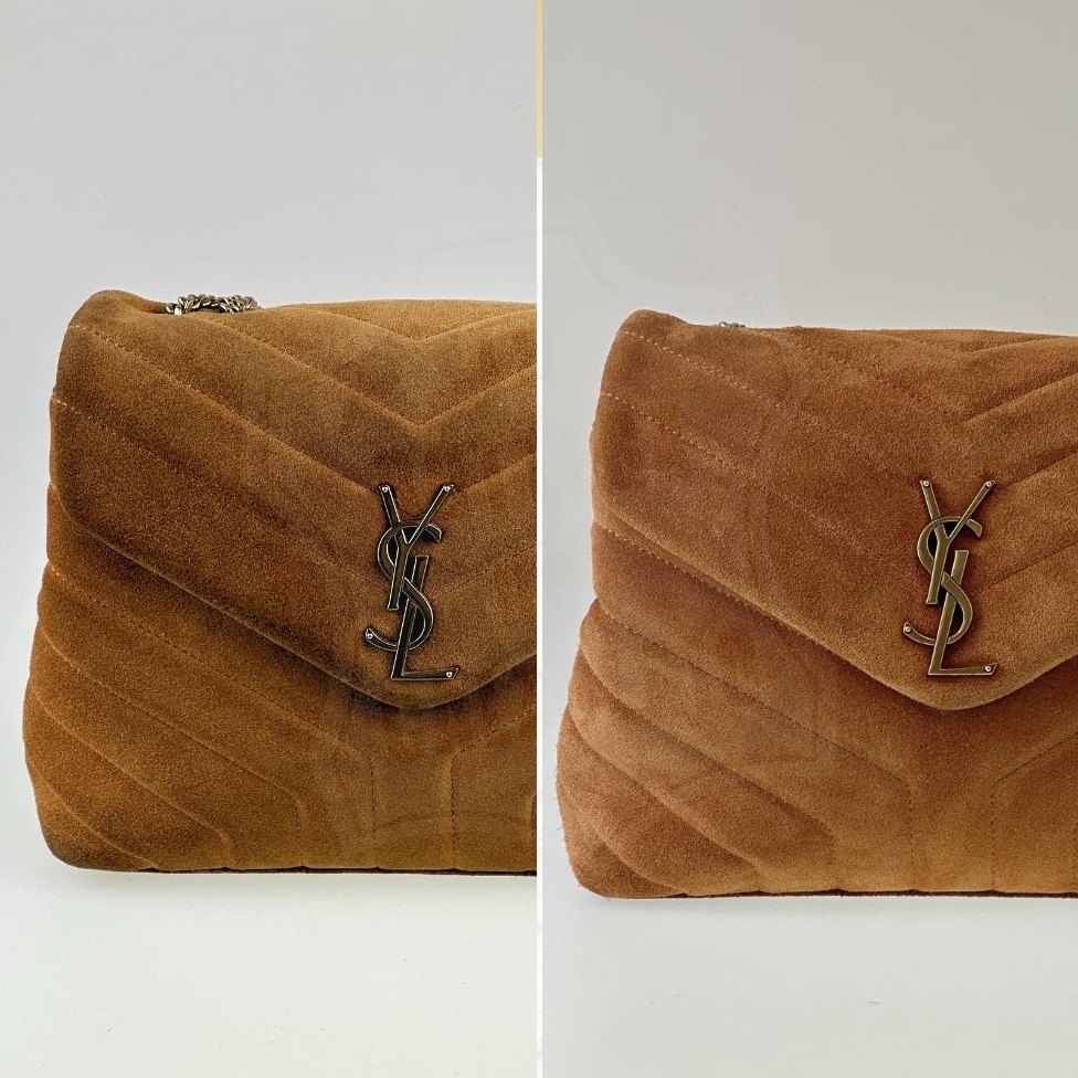 Borsa Saint Laurent Loulou in suède trapuntato prima e dopo il restauro: a sinistra colore spento e disuniforme, a destra colore rigenerato