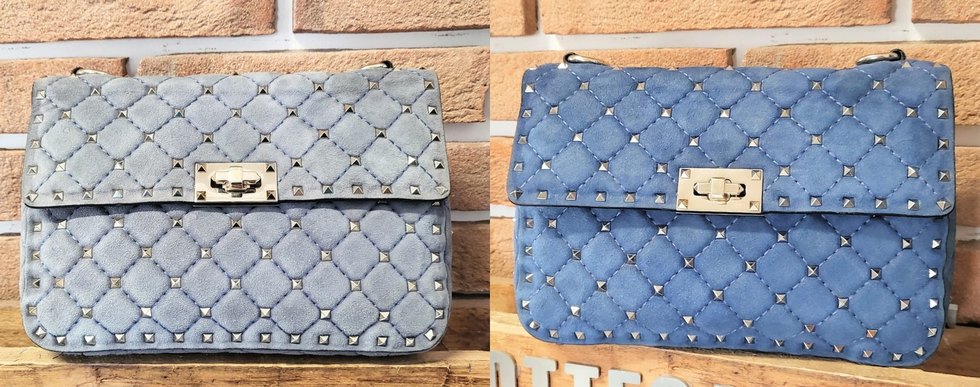 Borsa Valentino Garavani Rockstud Spike azzurra prima e dopo il restauro: a sinistra scolorita fino al grigio, a destra il colore originale