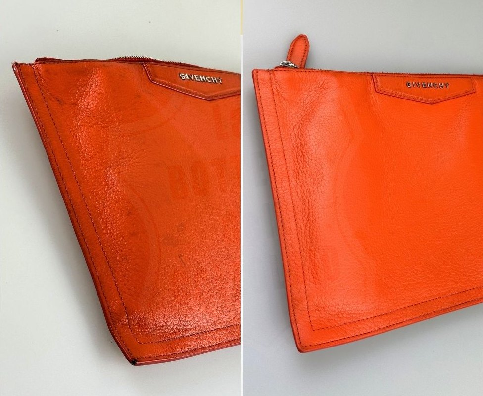 Pochette Givenchy arancione prima e dopo il restauro: a sinistra colore consumato e segni, a destra arancione pieno