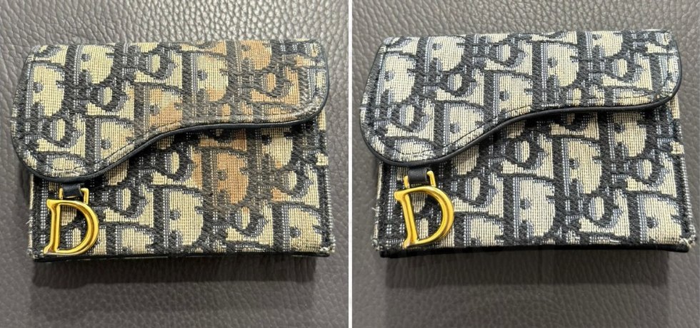 Portafoglio Dior Saddle in tela Oblique prima e dopo: macchie di fondotinta a sinistra, tela pulita a destra
